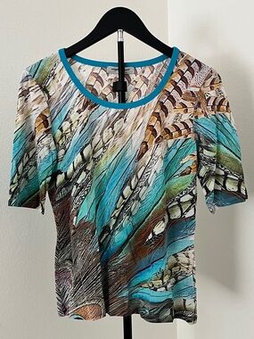 🌿 Angelo Marani Italian Art Feather Print Top | Coastal Luxe | IT 44 (US M/L)